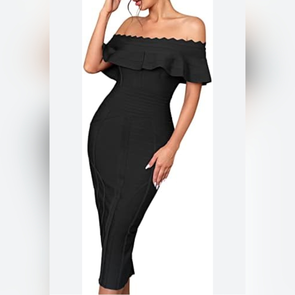 Bandage Dress Form Fitting off Shoulder Quality Made Back Zip Ruffle Top Sz.M